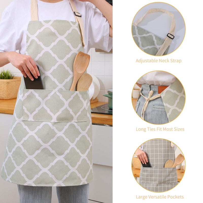 Tosewever 2 Pieces Cotton Linen Waterproof Bib Kitchen Apron with Pockets - Long Ties Adjustable Neck Strap - Unisex BBQ Cooking Drawing Crafting Aprons for Women Chef (Grey/Green, 2) - Image 4